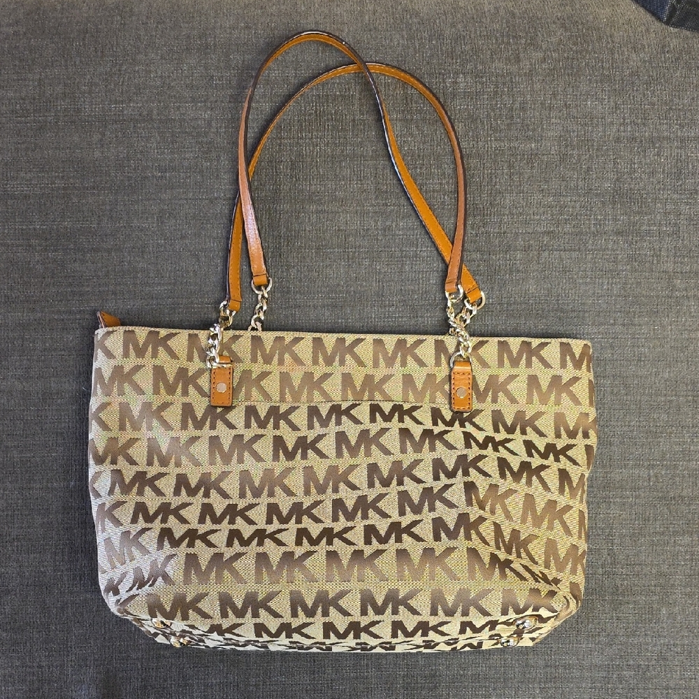 Michael Kors Tan and Brown MK Logo Tote